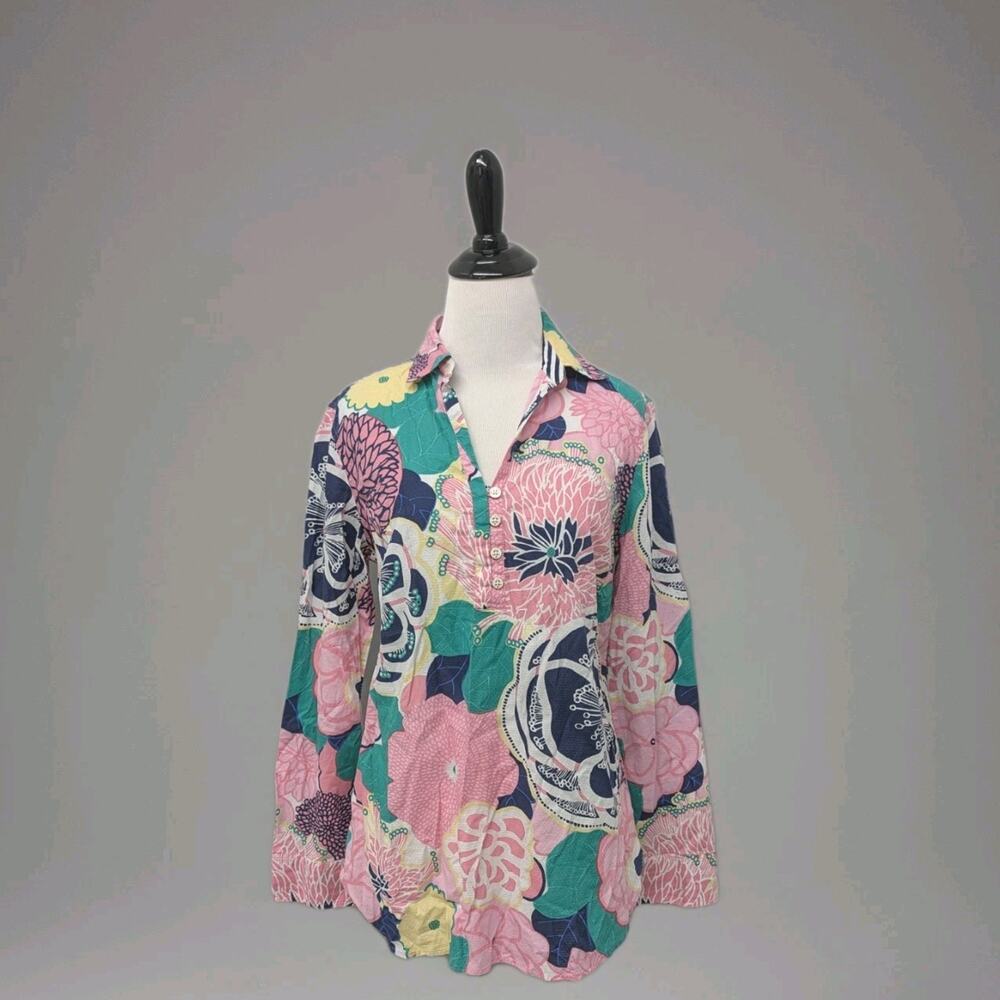 Talbots Pink Blue Floral Popover Top Collared Resort Round Hem Small